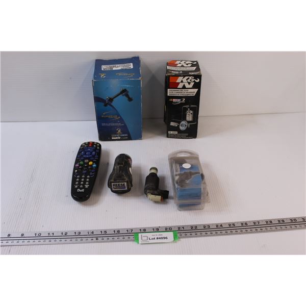 Lot: K&N Fuel Filter, Trailer Flat Plug Adapter, Supreme Chassis Part in Box, Bell Remote, Misc.
