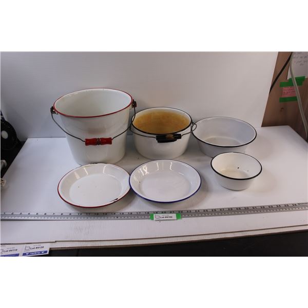 (6) Enamel Pots & Plates - Assorted Sizes