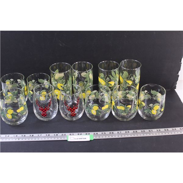 (10) Lemon Glasses Set & (2) Plaid Deer Glass Cups