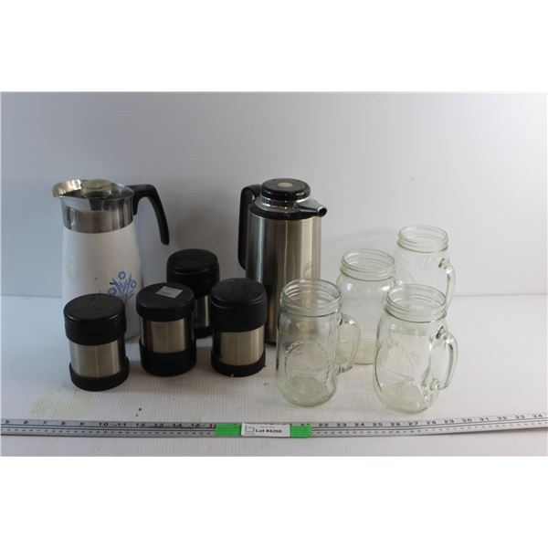Corning Ware and Metal Coffee Pitchers. Thermos Cups and Mason Jar Mugs