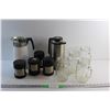 Image 1 : Corning Ware and Metal Coffee Pitchers. Thermos Cups and Mason Jar Mugs