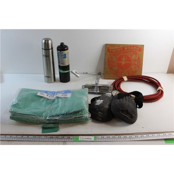 Brazing Fuel Tank, Tim Hortons Thermos, Tarp, Knee Protection and Assorted Items
