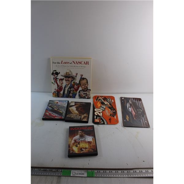 Designer Car Plates, For the Love of Nascar Book and (3) DVD Movies - Marine, Nascar and A Night in 