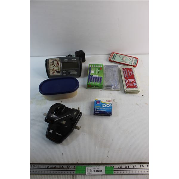 Singing Alarm Clock, Math Sets, Pens, Tupperware Container and Assorted Items
