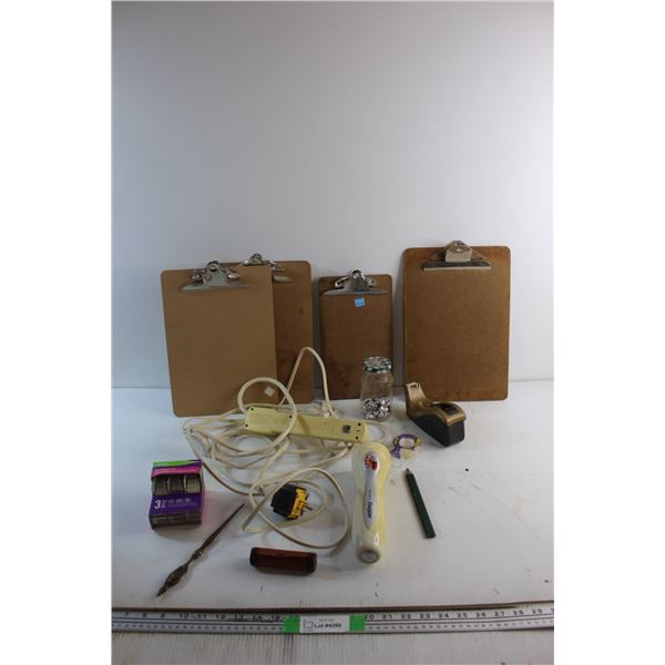Letter Opener, Cord Extension, (4) Clip Boards, Golf Dice and Assorted Items