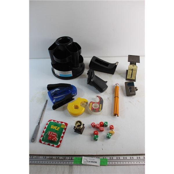Dice, Rotating Desk Organizer, Letter Opener, Postal Thrifty Scale, Stapler and Assorted Items