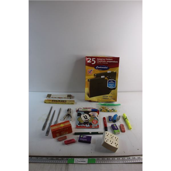 Letter Openers, Measuring Sticks, Leather Hole Punch, Hanging Folders, Pins and Assorted Items