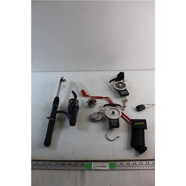 Luggage Scales, Fishing Rod, Counter, Leash and Assorted Items