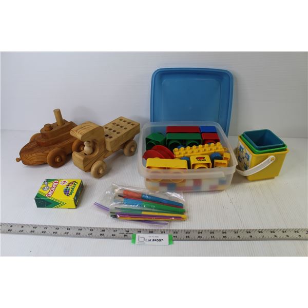 Duplo Bricks in Plastic Container - Wooden Vehicles - Crayons - Paint Brushes