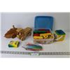 Image 1 : Duplo Bricks in Plastic Container - Wooden Vehicles - Crayons - Paint Brushes