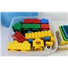Image 4 : Duplo Bricks in Plastic Container - Wooden Vehicles - Crayons - Paint Brushes