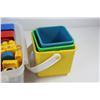 Image 5 : Duplo Bricks in Plastic Container - Wooden Vehicles - Crayons - Paint Brushes