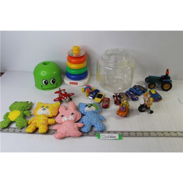 Die Cast Vehicles - Hot Wheel - Maisto - Majorette - Stuffed Toys - Fisher Price Stacking Toy - Die 