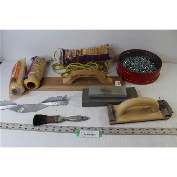 Flooring Nails - Hand Sander - Honing Stone - (3) Paint Rollers - Sanding Sponge - Misc. Items