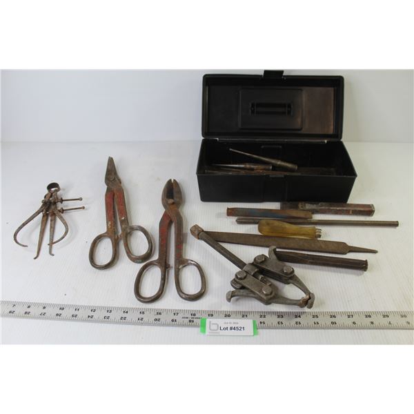 Sm Tool Box w/ Files & Cold Chisels - (2) Tin Snips - Gear Puller - 100' Measuring Tape - Misc. Item