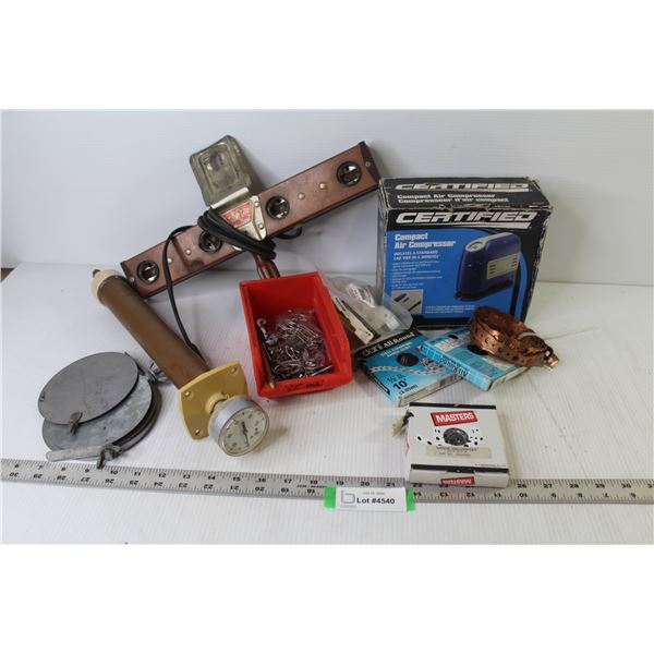 Certified Air Compressor (as is) - Air Gauge - Vintage Mov-E-Light - Steel & Copper Strapping - Misc