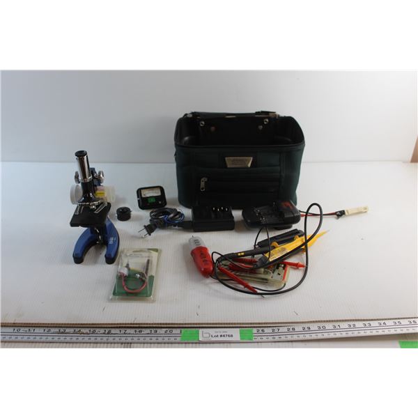 Microscope, Circuit Tester, Battery Chargers, Bag and Assorted Electronics