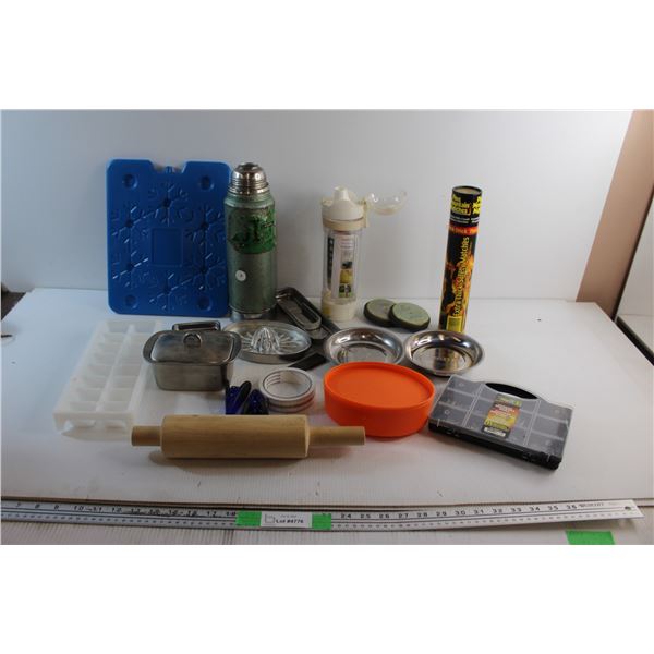Ice Tray, Thermos, Magnets, Nails, Hand Juicer. Cold Pack and Assorted Items