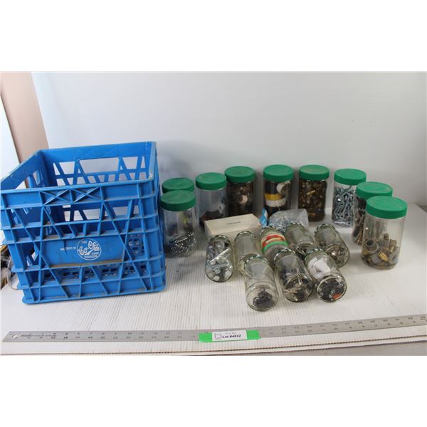 Blue Crate With Assorted Screws Bolts and Assorted Hardware