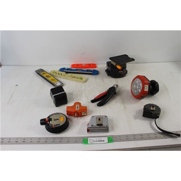 (4) Levels, Laser Level, (2) Measuring Tapes, Extension Blocks, Assorted Tools