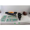 Image 1 : (3) Saskatchewan License Plates, Roll Of grip Mat, Sandpaper, Spotlight - Tested Powers On