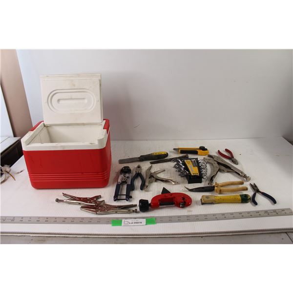 Igloo Cooler, Assorted Wrenches Pliers And Assorted Tools