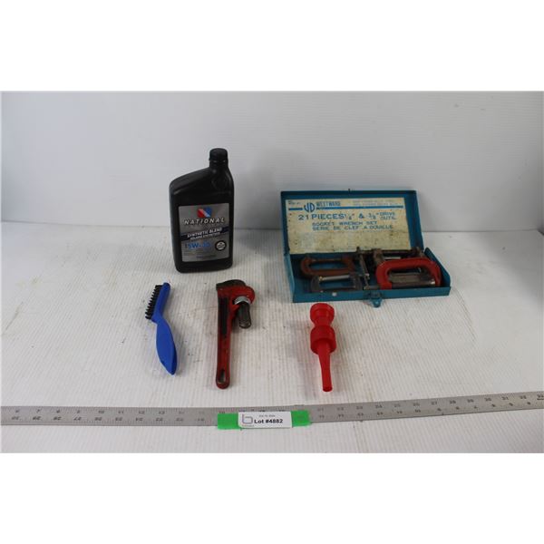 (5) C Clamps, Wrench, 5W 30 Oil, Brush