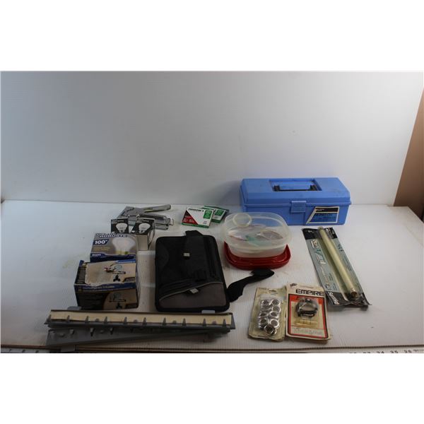 Lightbulbs, Stapler, Tool Box, Magnifying Lenses, Key Hangers and Assorted Items