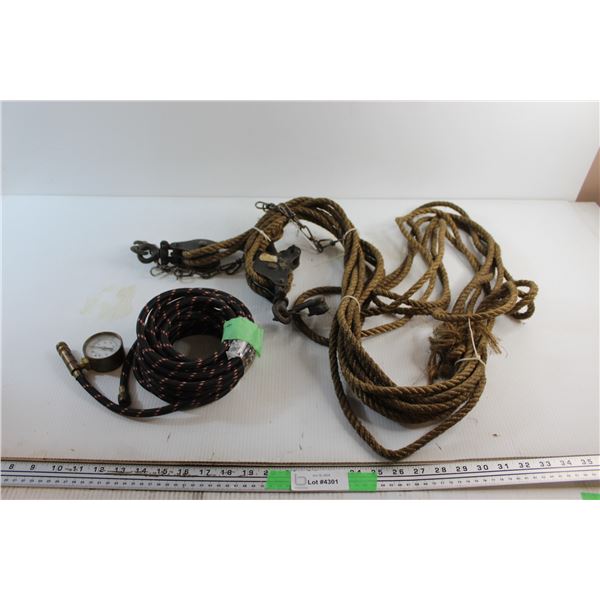 Block and Tackle Pulley System and Air Hose with Gauge