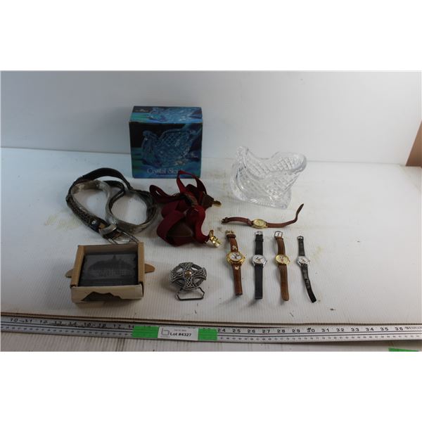 Crystal Sleigh, Belt, (4) Mickey Mouse Watches, Slate Coasters and Assorted Items