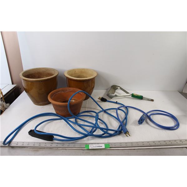 Gardening Tool/Handheld Hoe, (2) Extension Cords, (3) Planters