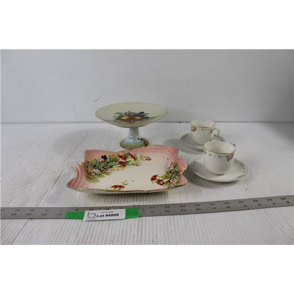 (2) Teacups With Saucers, Tray, Raised Dish