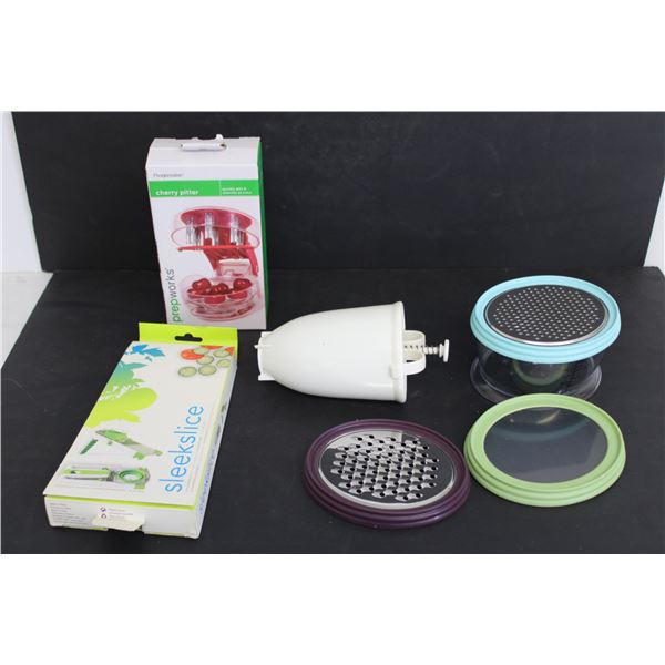 Kitchen Lot: Slicer/Mandolin, Grater, Cherry Pitter, Misc.