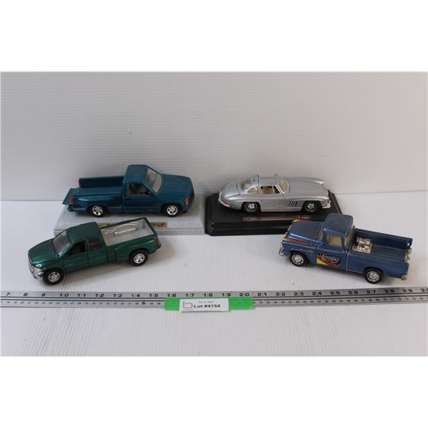 (4) Model Vehicles: (3) Trucks & Mercedes Benz - 1:24 Scale Model - Some Wear