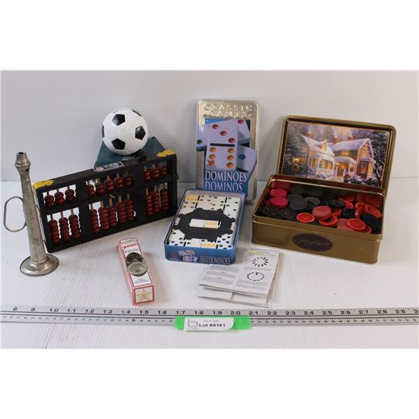 Lot: Abacus, Metal Kazoo, Poker Chips, Dominoes, Soccer coin Bank, Metal Horn
