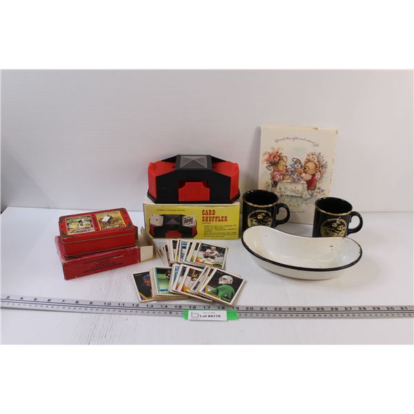 Lot: Assorted OPC Hockey Cards, Card Shuffler, Collector Playing Cards in Tin, (2) Hanna Coffee Mugs