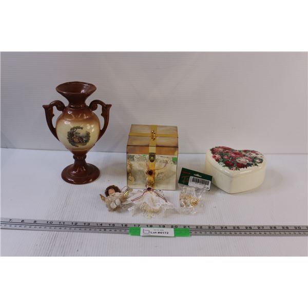 Lot: Angel Decor in Metal Present Box, Ceramic Heart Storage, English Style Vase