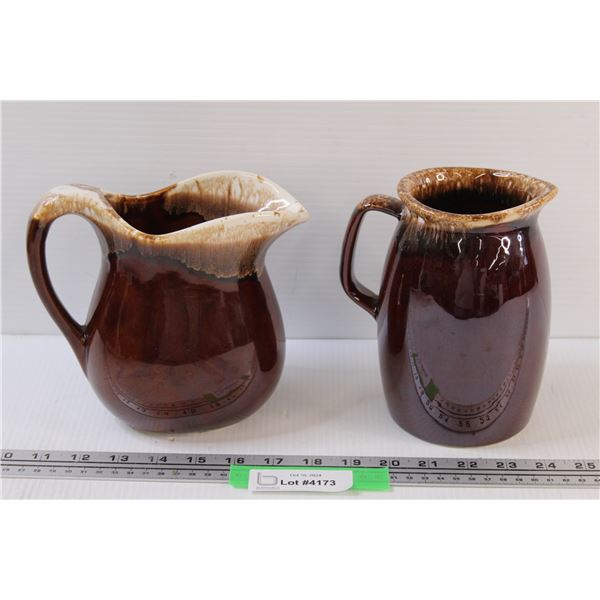 (2) Vintage Hull Brand Brown & Cream Pitcher/Vases - 7" Tall