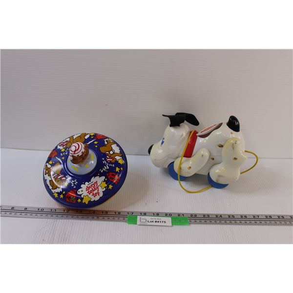 (2) Retro Children's Toys: Sleepy Teddy Top & Playskool Pull Along Puppy