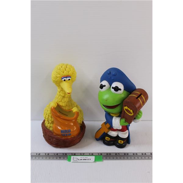(2) Retro Children's Coin Bank Lot: Big Bird & Kermit the Pirate