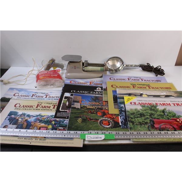 Lot: Pitney Bowes Scale, Glue Gun & Sticks, 12v Light - as is, (9) Farm Tractor Calendars (Assorted 