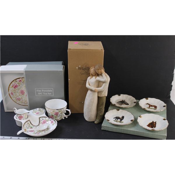 Lot: Willow Tree "Together" Figurine, (4) Mini Horse Collector Plates, (5) Piece Fine Porcelain Tea 