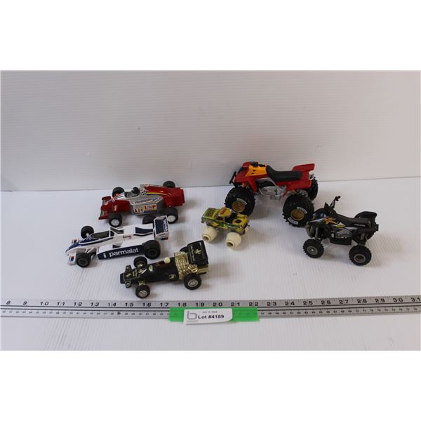 (6) Model Toy Vehicles: Quads, Formula One Cars, Monster Truck