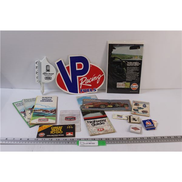 Lot: Pool Rain Guage, Vintage Road Maps, Matches, Keychain