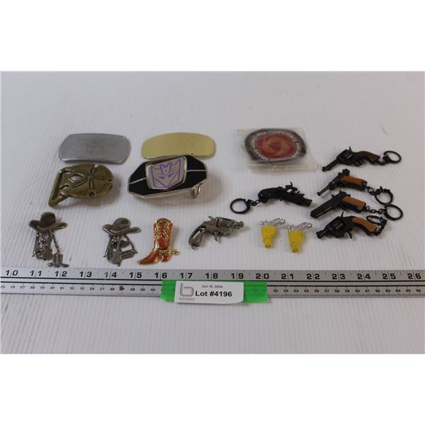 (4) Belt Buckles, Cowgirl Earrings, Keychain Replica Guns, Badge, Misc.