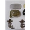 Image 2 : (4) Belt Buckles, Cowgirl Earrings, Keychain Replica Guns, Badge, Misc.