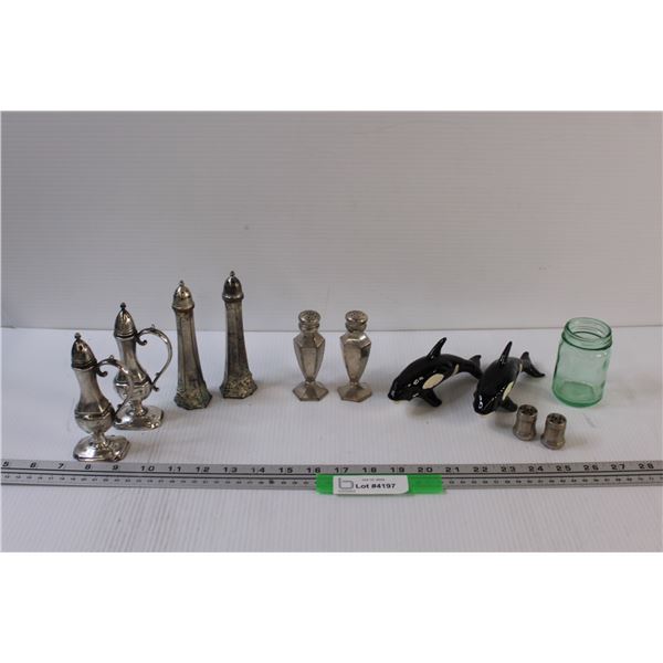 (5) Salt & Pepper Shaker Sets: Orcas, Plated Silver, & Glass jar