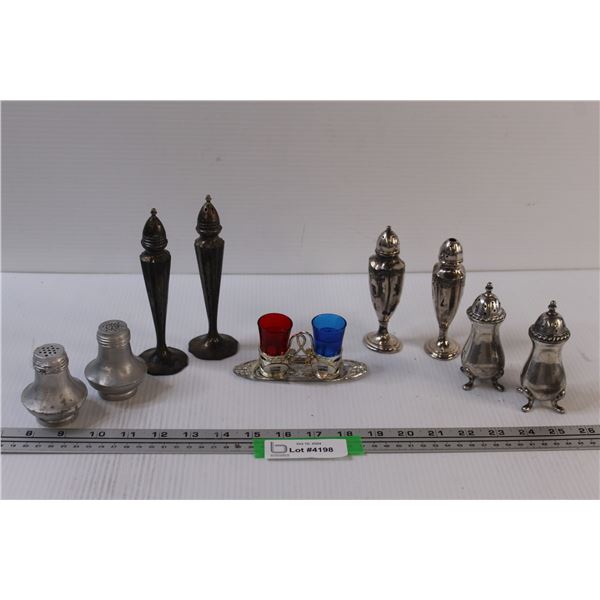 (5) Salt & Pepper Shaker Sets: Plated Silver, Red/Blue "Sleeping Buffalo Set"