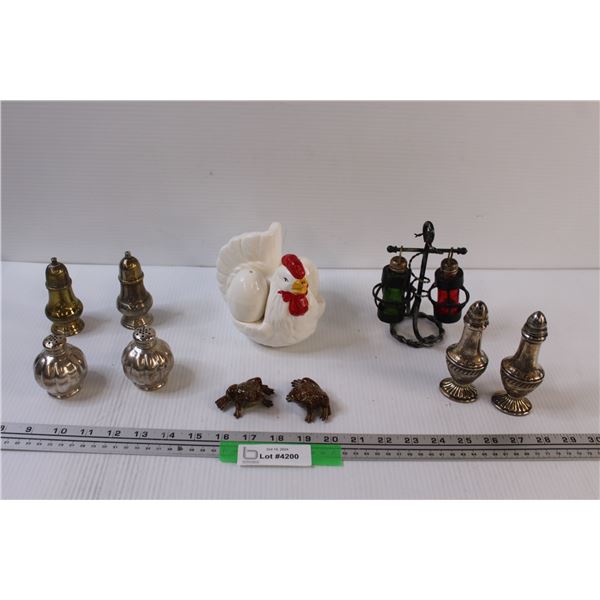 (6) Salt & Pepper Shaker Sets: Chicken, Lighthouse, Frog, Plated Silver