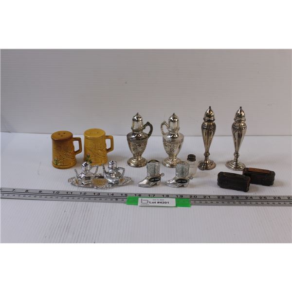 (6) Salt & Pepper Shaker Sets: Lake Tahoe, Plated Silver, Train Cars, Rustic Yellow